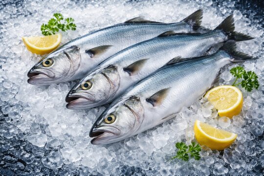 Fresh bluefish Pomatomus saltatrix displayed on crushed ice with copy space
