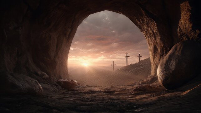 Nativity biblical moment of the Resurrection of Jesus Christ event in Christianity. Empty tomb with the stone rolled away, symbolizing victory over death. 