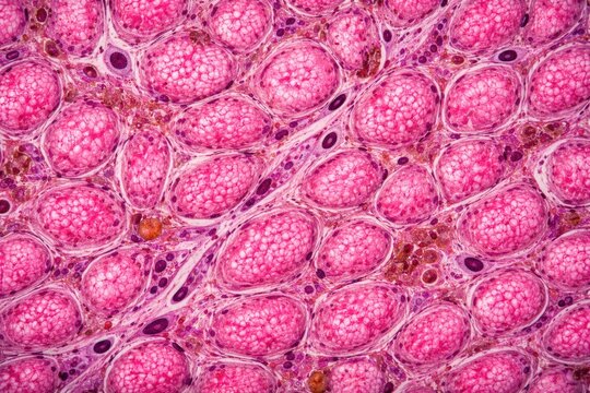 Detailed image of human liver tissue displaying glycogen preservation as pink material inside hepatocytes