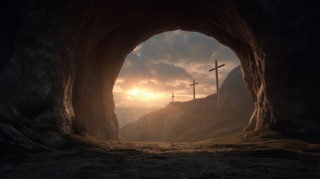 Nativity biblical moment of the Resurrection of Jesus Christ event in Christianity. Empty tomb with the stone rolled away, symbolizing victory over death. 