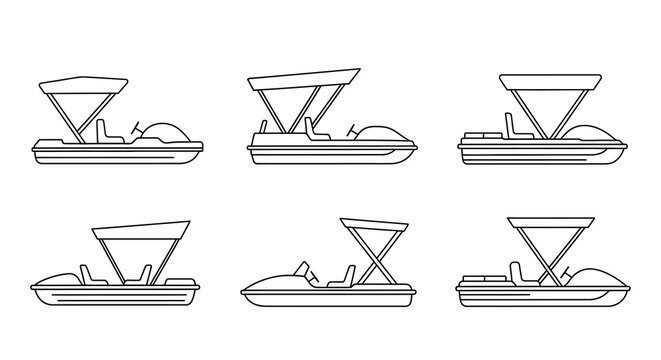 Line art illustration of six pedal boats in various perspectives