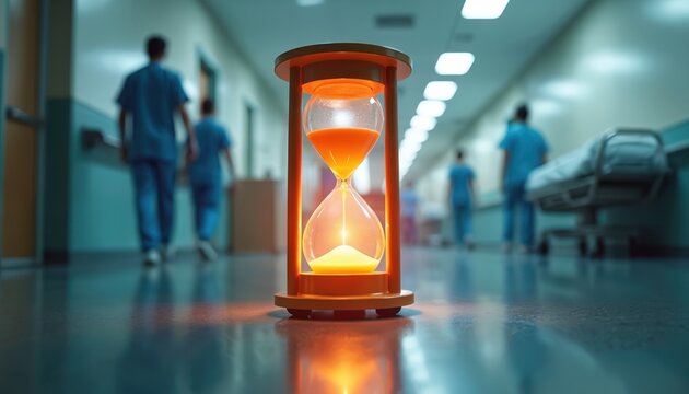 Hourglass glows in dark hospital corridor with blurred medical staff walking past. Time ticking down on urgent health crisis, life death situation, medical emergency, healthcare management concept.