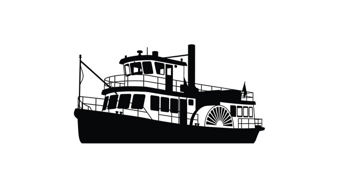 Black silhouette of a vintage paddle steamer boat on a white background
