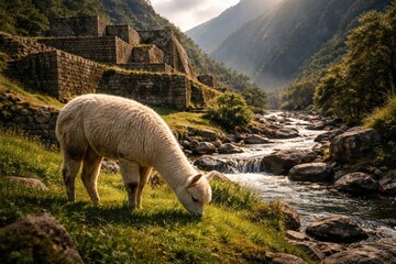 Fototapeta premium Alpaca grazing peacefully near ancient Inca stone ruins by a flowing river