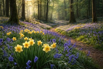 Fototapeta premium Calm forest landscape displaying bright bluebells and daffodils flourishing in rich green surroundings