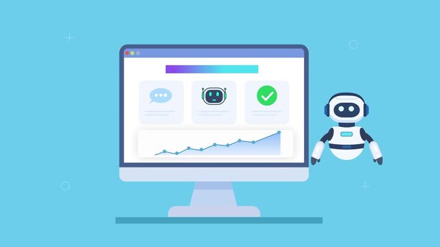 Friendly robot assistant interacting with automated dashboard featuring AI monitoring, camera detection, analytics charts, and progress indicators in smooth animation, representing intelligent surveil