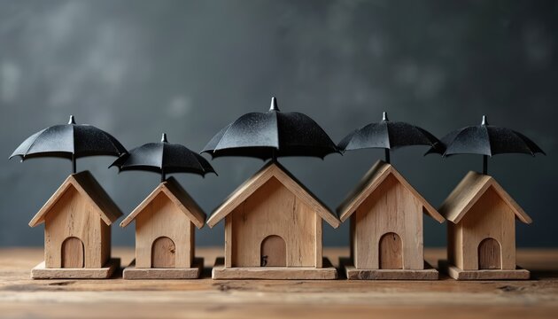 Small wooden houses stand on a wooden surface, each covered by a black umbrella. This arrangement symbolizes protection and shelter from adverse conditions.