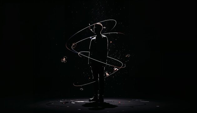 Silhouette of a model with floating accessories orbiting around, illuminated by light bending like a gravitational field. Cinematic lighting against a deep black background creates a cosmic luxury eff