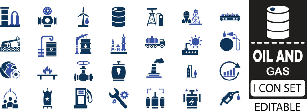 oil and gas icon set - solid icon collection illustration design.  Oil and gas are essential natural resources that power modern industries, fuel transportation, and drive global economic growth.