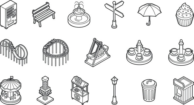 Amusement park and city street furniture icon set featuring fountain bench rides umbrella kiosk trash can isometric line vector illustration collection