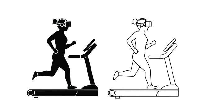 Two runners using virtual reality headsets on treadmills black and white illustration