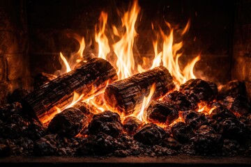 Fototapeta premium Glowing fireplace flames fueled by wood and dark coal