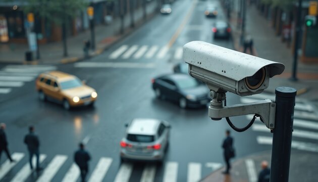Security camera watches busy city street with cars and people crossing road. Wet asphalt reflects lights. Focus on surveillance technology, public safety.