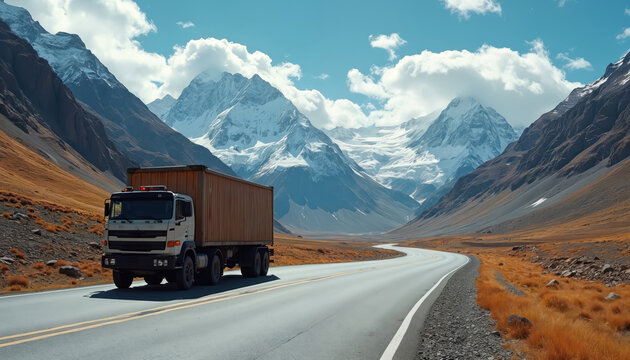 Large truck drives on winding asphalt road through mountain valley. Snow-capped peaks and dry grass surround the transport path. Trucker carries cargo in remote wilderness area.