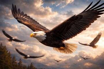 Obraz premium Striking depiction of eagle birds in animated flying motion