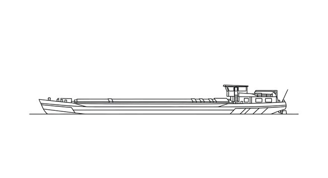 Line drawing of a long flat barge with a cabin structure