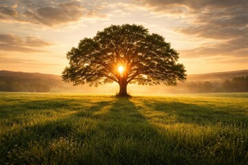 Fototapeta premium Sunrise glow on a lone tree in an expansive green panorama for Earth Day