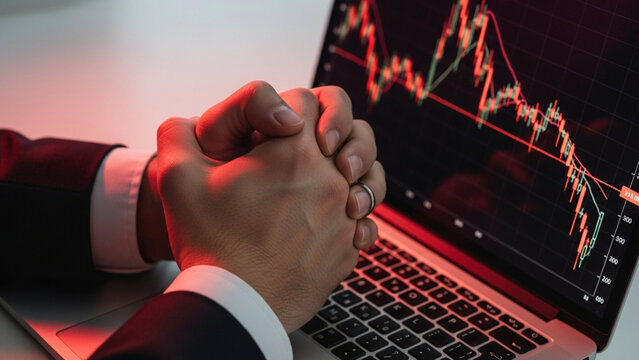 Businessman praying in front of stock market crash chart on laptop