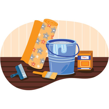 Glue and wallpaper roll vector flat installation