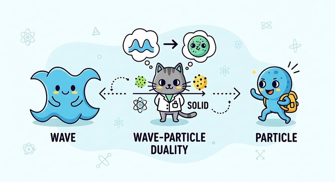 Wave particle duality physics concept cartoon.
