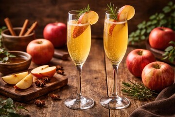 Fototapeta premium Seasonal apple mimosa cocktail in elegant tall glasses with organic apples and wooden background