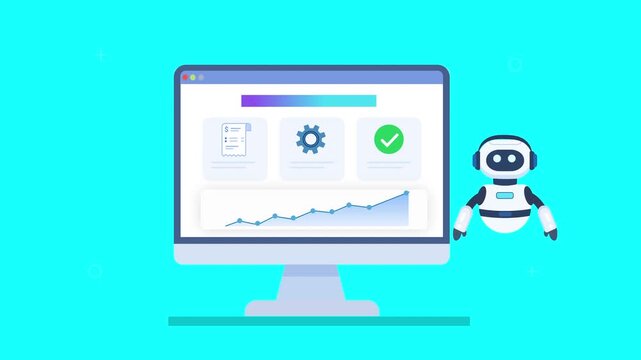 Friendly robot assistant interacting with automated dashboard featuring document workflow, file processing, analytics charts, and progress indicators in smooth animation, representing organized data h