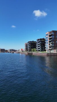 Aerial view of Andrei Sakharovs Vej and waterfront residential area in Copenhagen, Denmark
