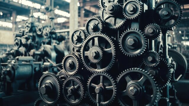 Industrial gears meshing and rotating in factory workshop