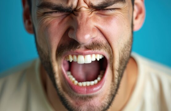 Man screams with mouth open showing teeth and gums. His face shows anger or stress with eyes closed and brow furrowed. Close-up shows beard detail against blue backdrop. Intense emotion is clear.