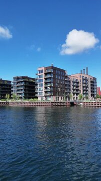 Aerial view of Andrei Sakharovs Vej and waterfront residential area in Copenhagen, Denmark
