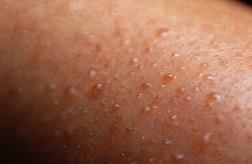 Fototapeta premium Macro view shows human skin surface with sweat drops. Shows pores texture detail on arm or torso. Natural body moisture and organic imperfections visible.