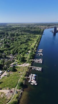 Aerial view of Andrei Sakharovs Vej and waterfront residential area in Copenhagen, Denmark
