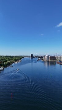 Aerial view of Andrei Sakharovs Vej and waterfront residential area in Copenhagen, Denmark
