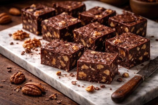 Marble board featuring sliced chocolate nut fudge candies for serving