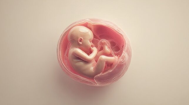 Human fetus developing inside the womb. Early stages of prenatal development. Fetus surrounded by the amniotic sac during pregnancy. 