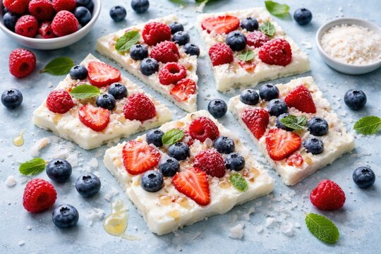 Delicious frozen yogurt bark decorated with fresh berries on light blue background