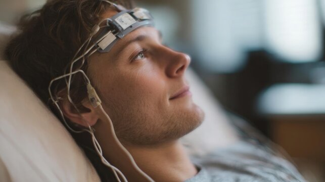 Young man lying in a hospital bed with his eyes closed. he is wearing a gray t-shirt and has a white headband with electrodes attached to it. the electrodes are connected to the man's head with wires.