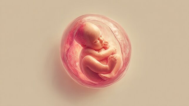 Human fetus developing inside the womb. Early stages of prenatal development. Fetus surrounded by the amniotic sac during pregnancy. 