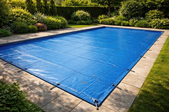 Swimming pool shielded against leaves and dirt by blue tarpaulin cover with copy space
