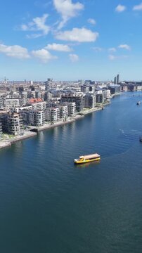 Aerial view of Andrei Sakharovs Vej and waterfront residential area in Copenhagen, Denmark
