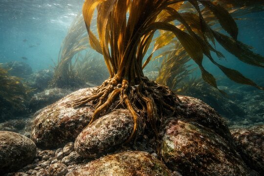 Underwater image showing kelp holdfast attached to stones