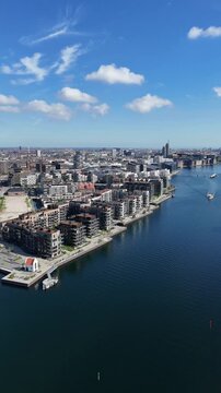 Aerial view of Andrei Sakharovs Vej and waterfront residential area in Copenhagen, Denmark
