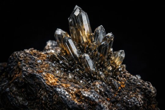 Monoclinic crystal formation in iron manganese tungsten mineral displayed with dark background