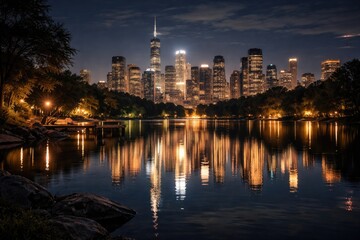 Obraz premium Nighttime lake reflecting bright city illumination