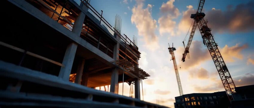 an engineer in reflective vest and helmet observing structural progress at a modern construction site, sun glowing through skeletal building frame, multiple cranes silhouetted
