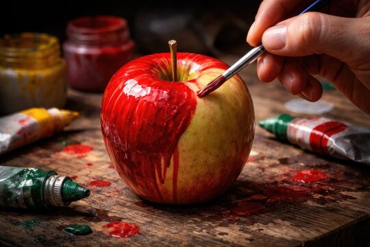 Hand painted red apple demonstrating fake food and coloring deception concept