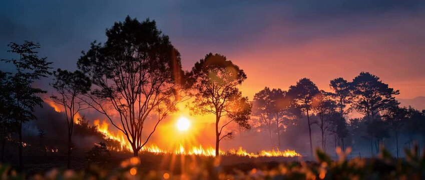 Fiery forest inferno at sunset, intense orange flame front moving across dense woodland, thick rolling smoke clouds rising high into a glowing red and amber sky