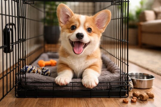 Excited 4 month old corgi pup mastering crate training skills