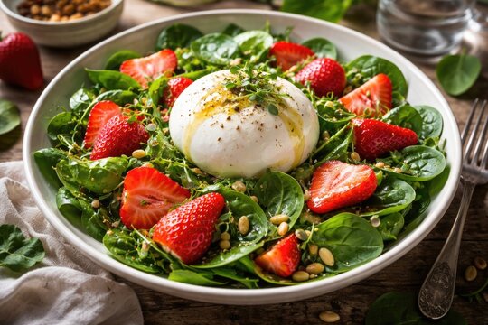 Healthy green salad with burata cheese strawberries and fresh spinach for lunch