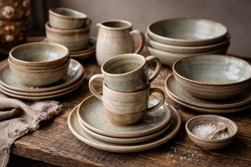 Fototapeta premium Handmade ceramic cups paired with matching plates and bowls